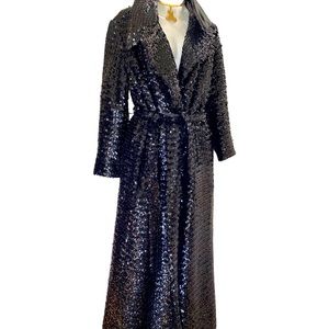 70’s Vintage long SEQUIN DUSTER coat, long black sequin floor length coat